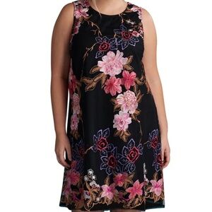 Roz & Ali Black Sleeveless Midi Dress with Pink Floral Embroidery size medium
